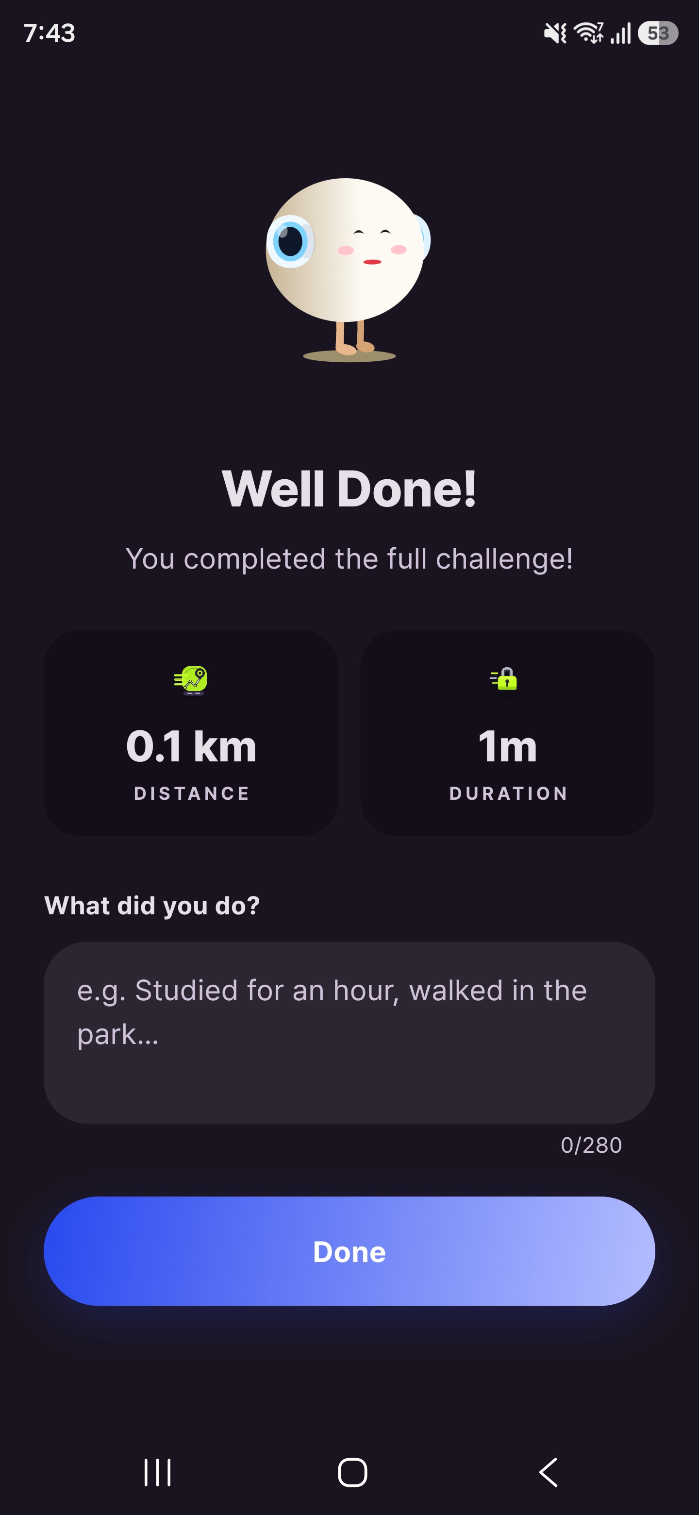 Buddy Run completion screen showing distance and duration
